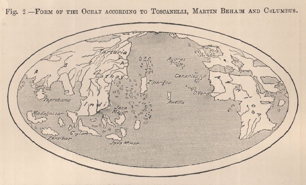 World according to Toscanelli, Martin Behaim & Columbus. No Americas 1885 map